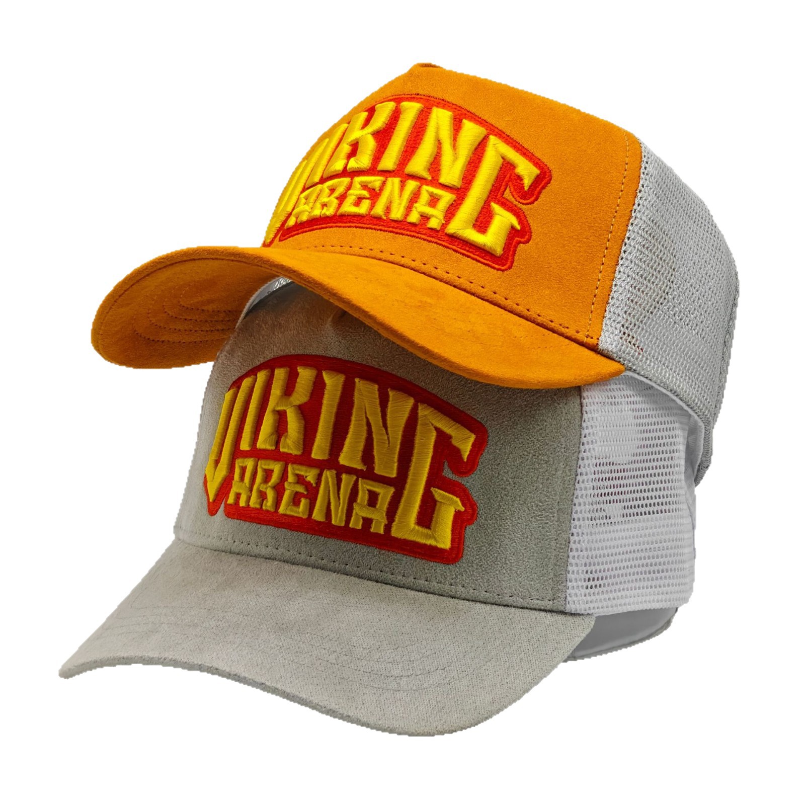 Two-Tone Suede Mesh Trucker Cap with Raised Logo Embroidery