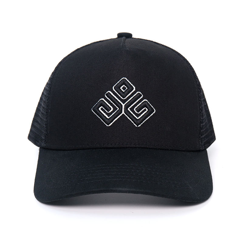 Black Cotton Mesh Trucker Cap with White Embroidered Geometric Logo