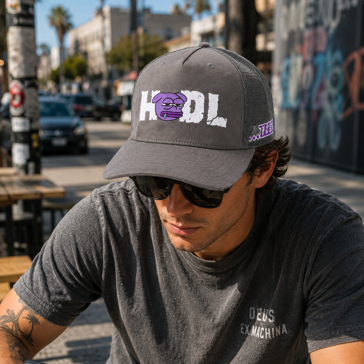 Gray HODL Cartoon Embroidered Suede Mesh Trucker Cap