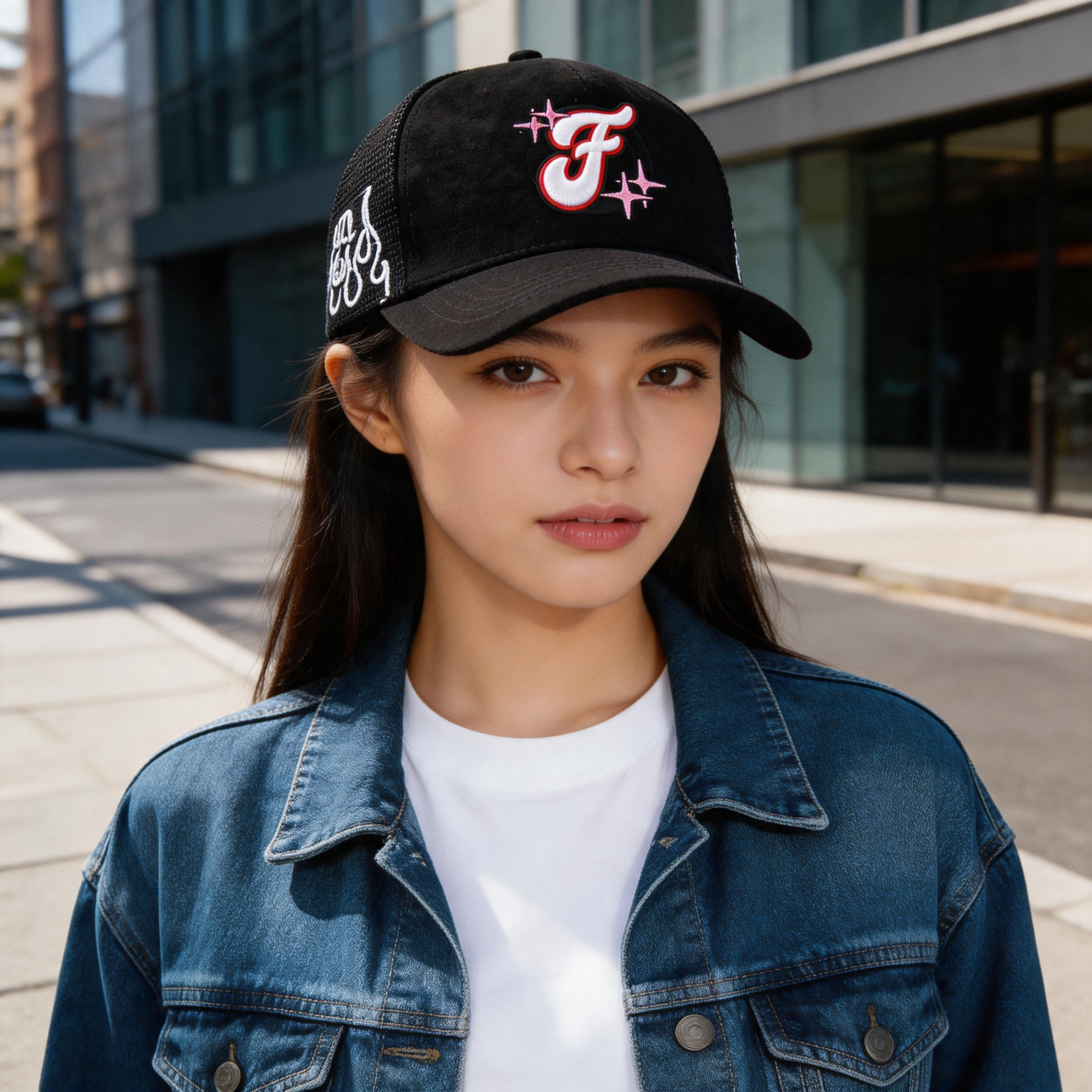 Vintage Suede Mesh Trucker Cap with Embroidered Graphic Logo and Adjustable Snapback