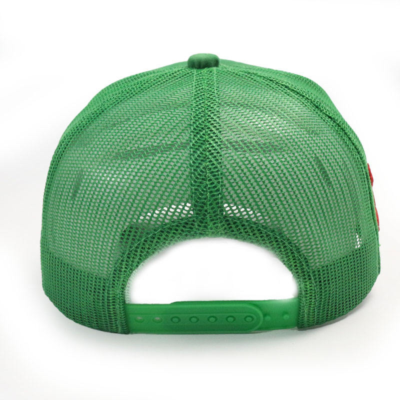 Green Suede 5 Panel Trucker Cap with Raised Red Embroidered Logo