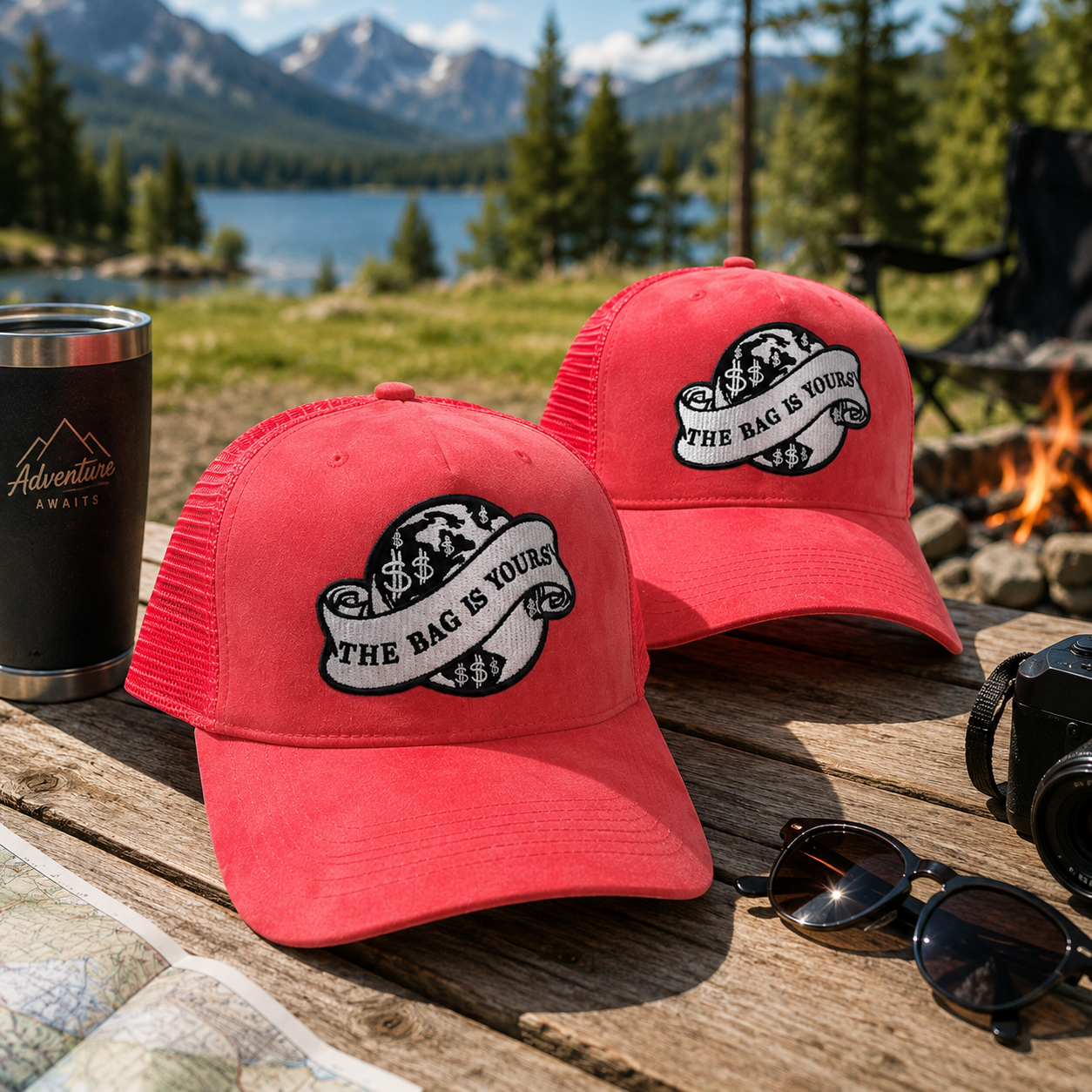 Pink Suede Mesh Trucker Cap with Embroidered “The Bag Is Yours” Patch