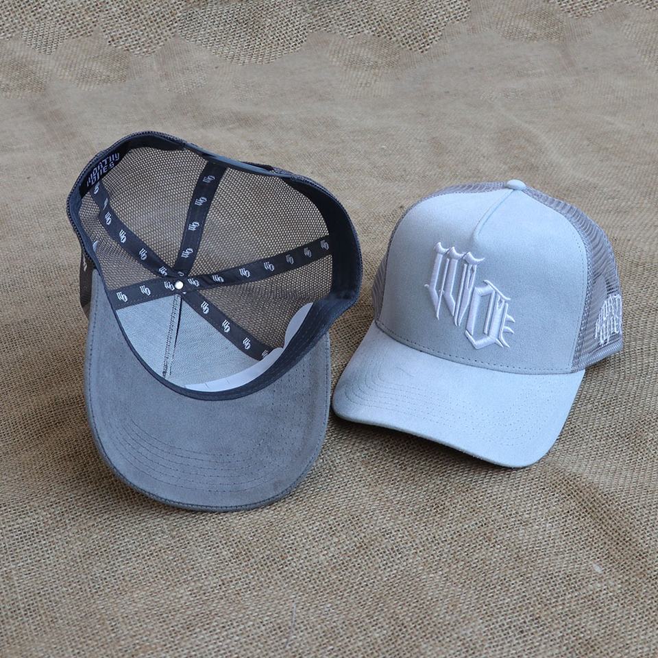 Two Tone Suede Trucker Hat with Embroidered Logo 5 Panel Mesh Back Baseball Cap