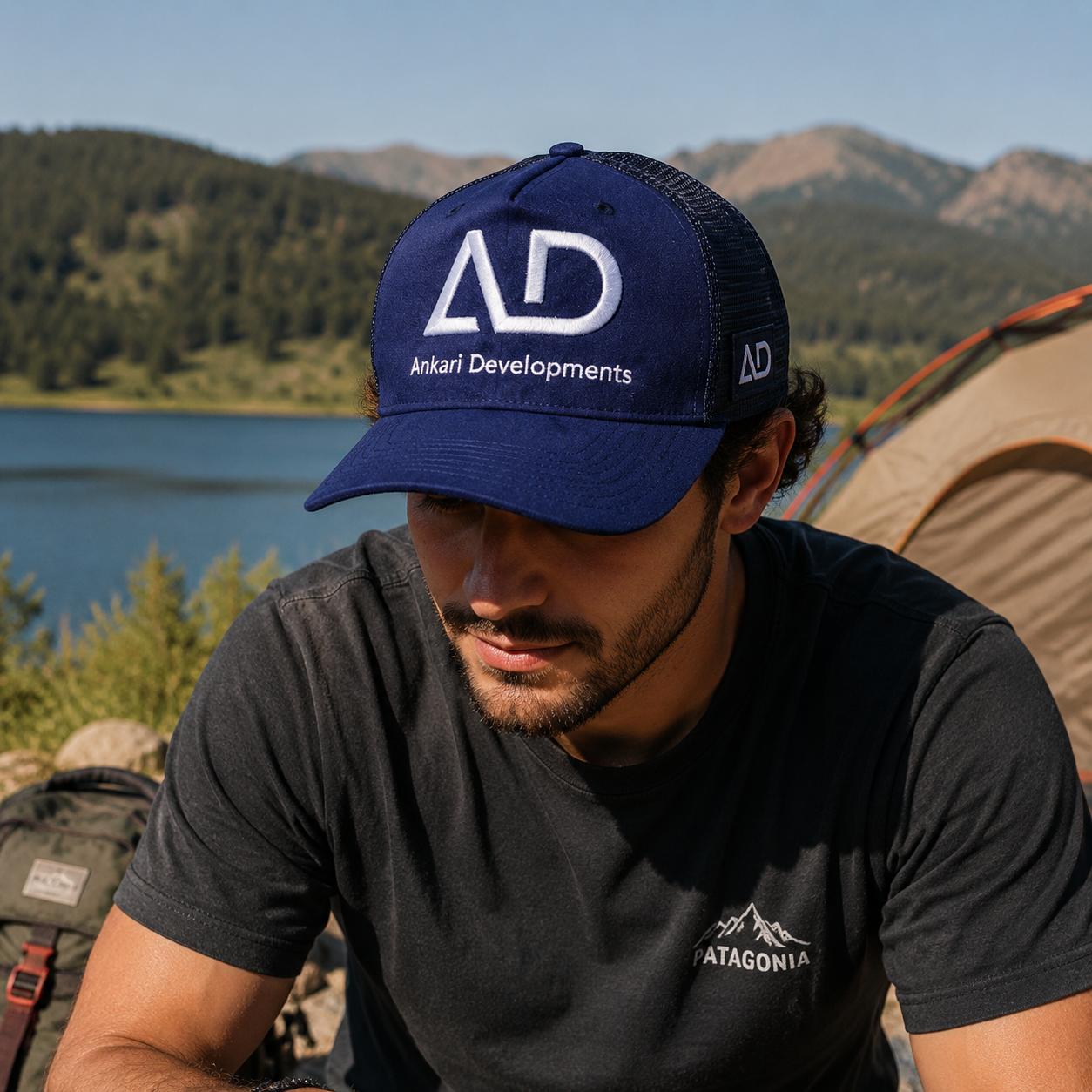 Navy Suede Mesh Embroidered Trucker Hat