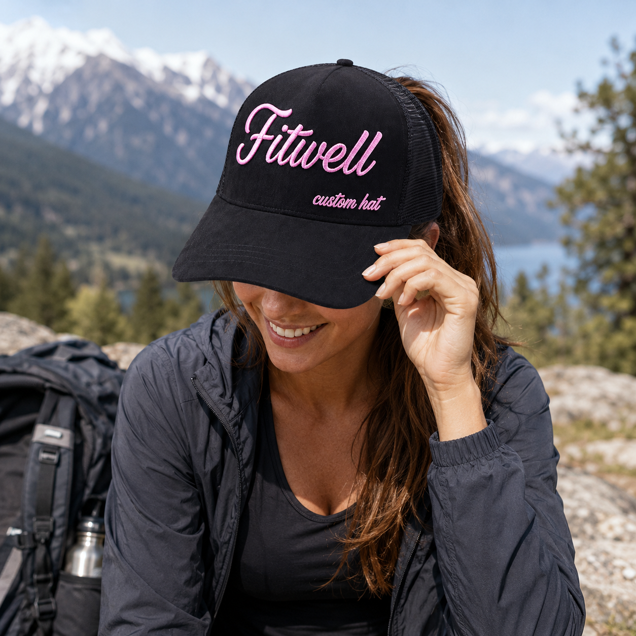 Black Suede Mesh Trucker Cap with Pink Script Embroidery