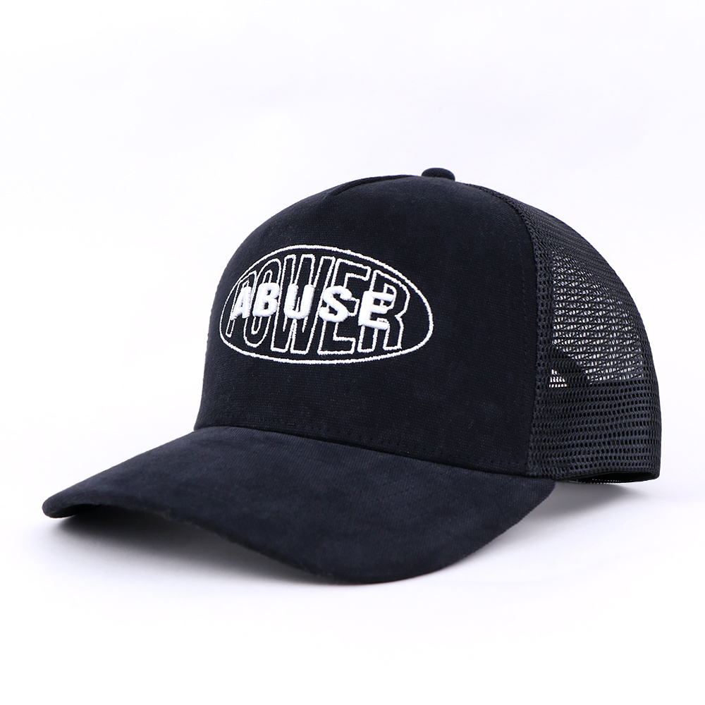 Black 5 Panel Mesh Trucker Hat with Embroidered Logo Adjustable Streetwear Cap