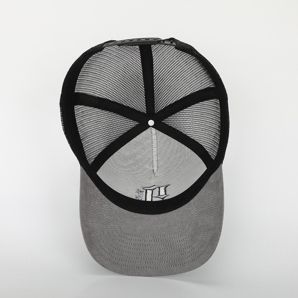 Gray Suede Mesh Trucker Cap with Black Gothic Letter Embroidery