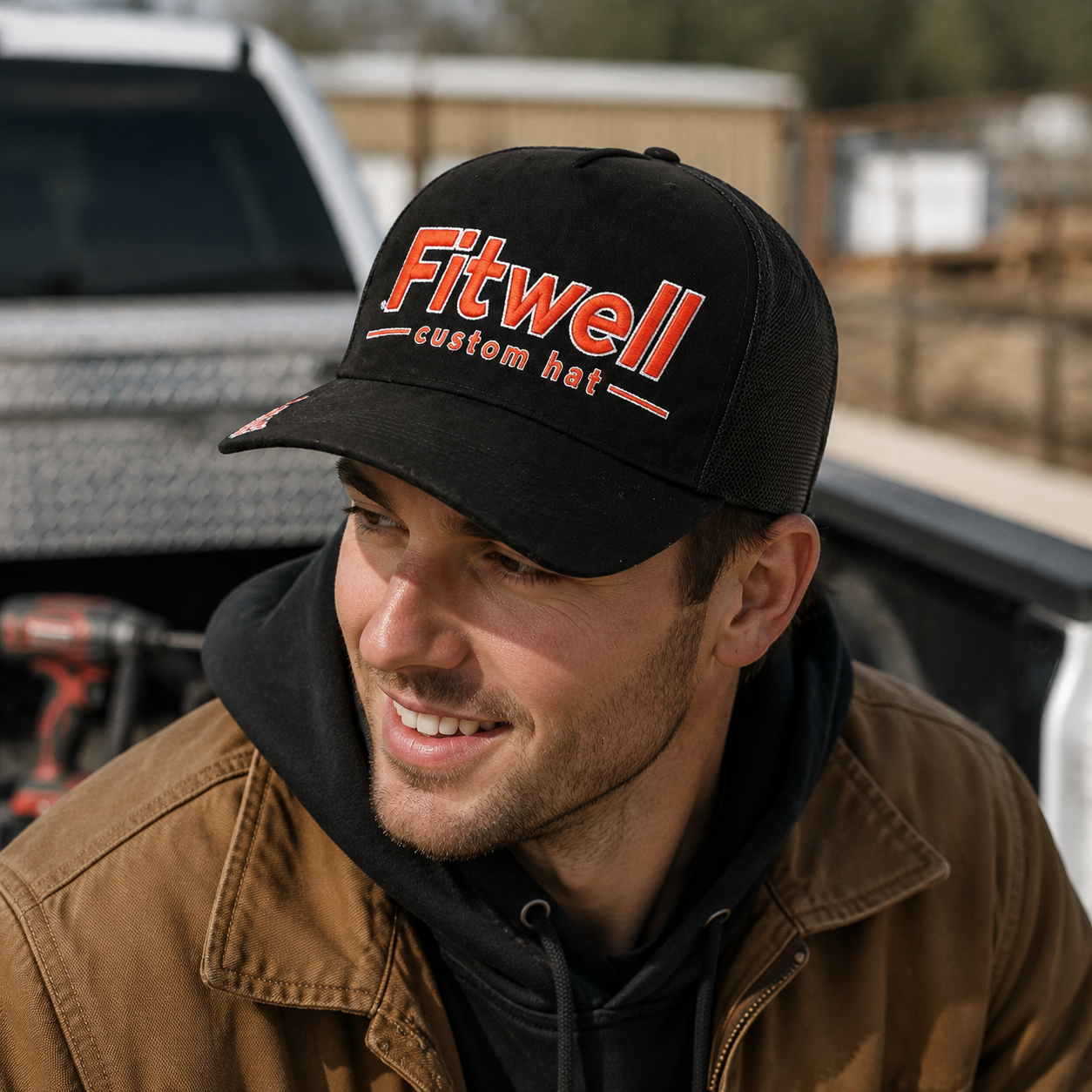 Black Mesh Trucker Cap with Orange Camera Logo Embroidery