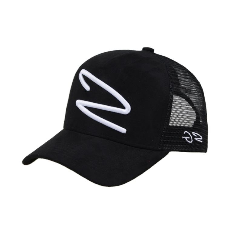 Black Suede Mesh Trucker Cap with White Embroidery Logo