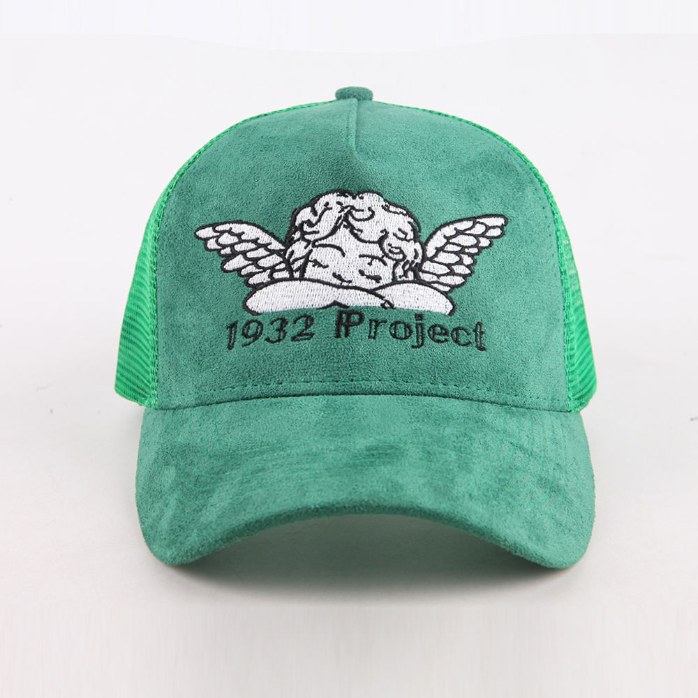 Emerald Green Suede Mesh Trucker Cap with Cherub Embroidery