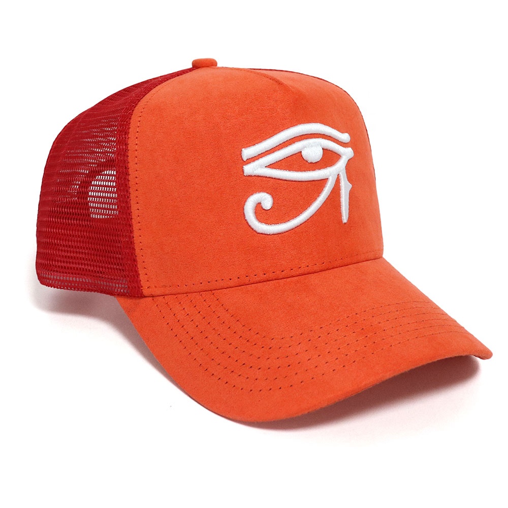Orange Embroidered Eye Symbol Five Panel Suede Trucker Cap with Mesh Back