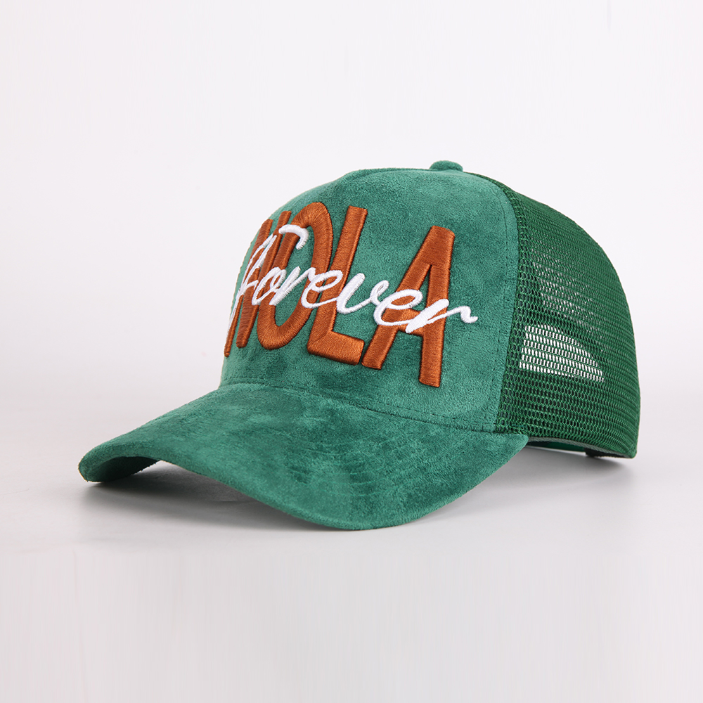 Green and Black Suede Mesh Trucker Hat with Raised Embroidered Logo