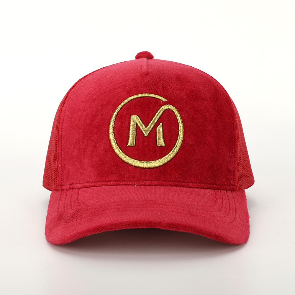 Red Suede Mesh Trucker Cap with Gold Embroidered Logo