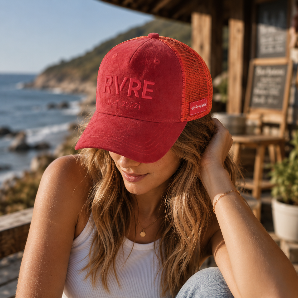 Red Orange RVRE Embroidered Suede Mesh Trucker Cap