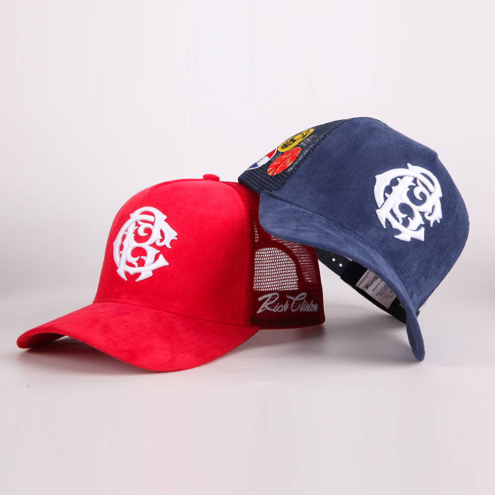 Vintage Suede Patchwork Mesh Trucker Cap with Raised Monogram