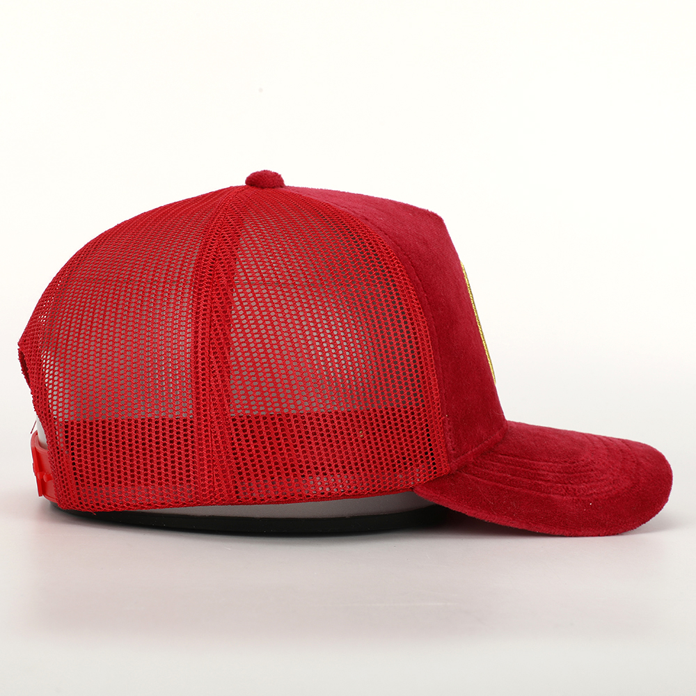 Red Suede Mesh Trucker Cap with Gold Embroidered Logo