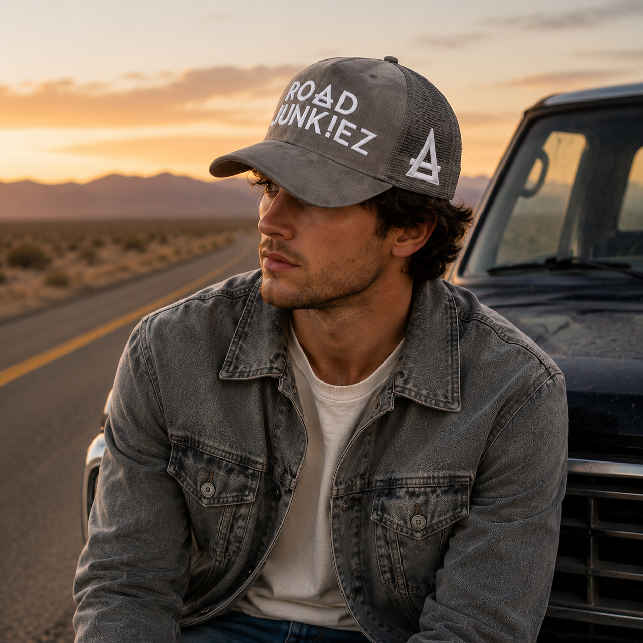 Suede Mesh Trucker Hat with Raised Road Junkiez Embroidery