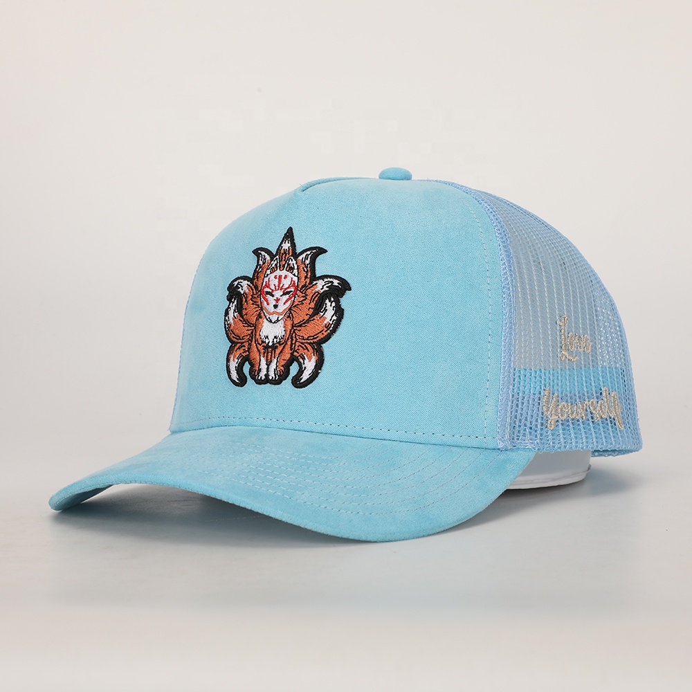 Blue 5 Panel Suede Trucker Hat with Embroidered Animal Logo Mesh Back Casual Cap