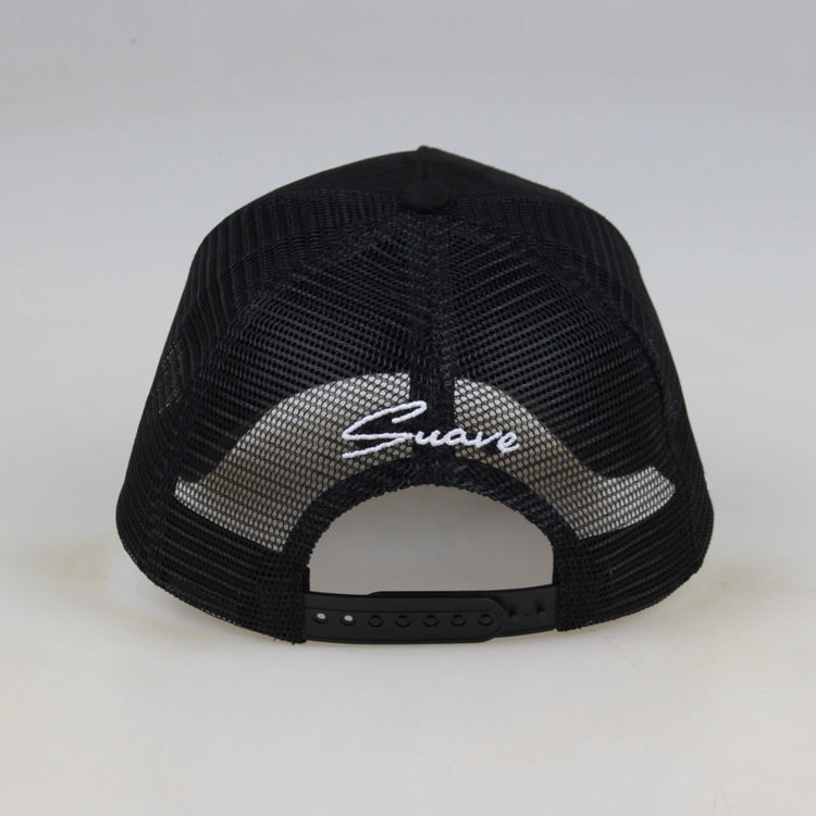 Black Suede Mesh Trucker Cap with White Embroidery Logo