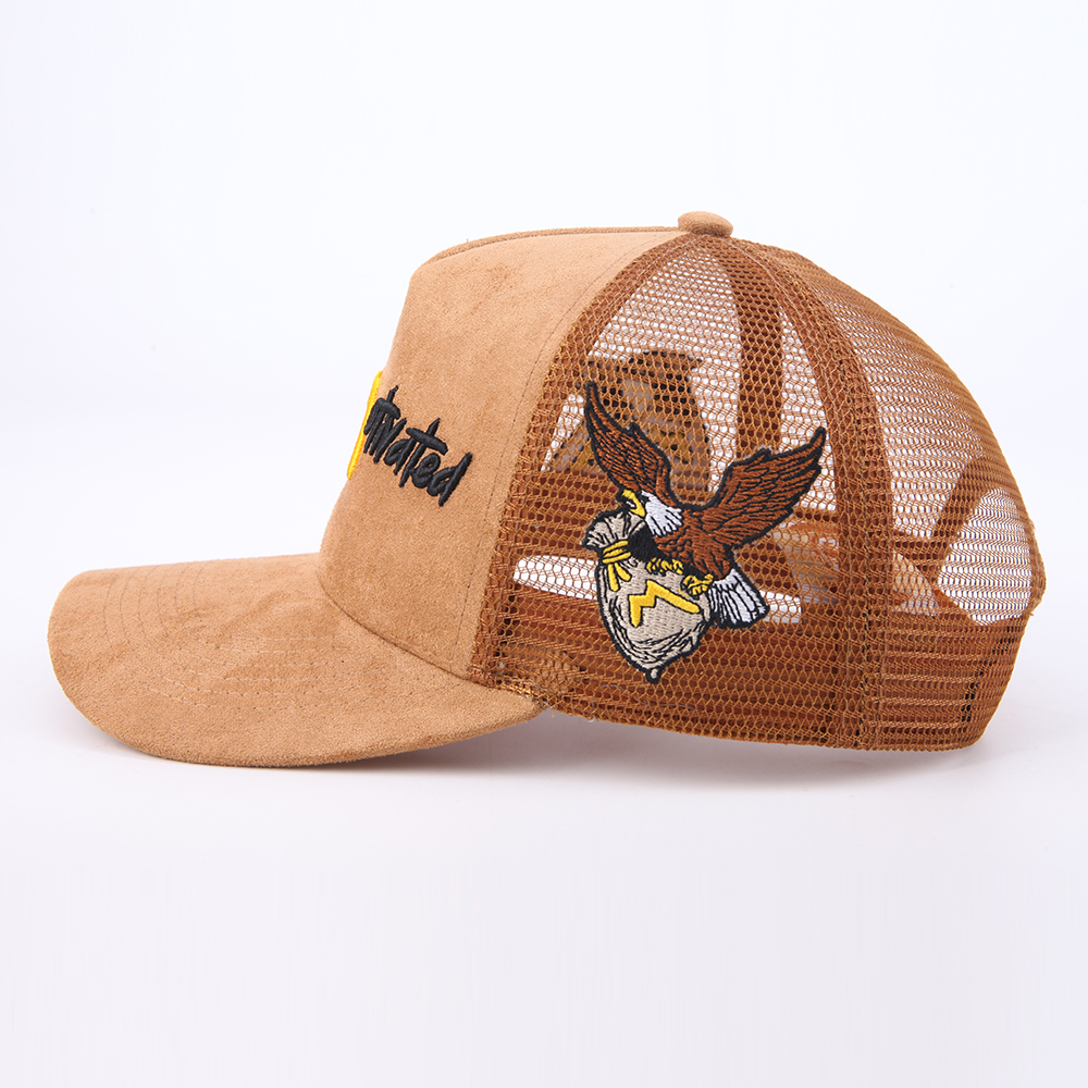 Vintage Red Brown Black Suede Mesh Trucker Hat with Embroidered Graphic Logo Streetwear Cap