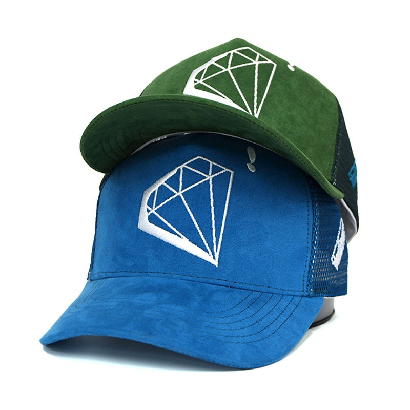 Two-Tone Suede Trucker Hat with Diamond Logo Embroidery