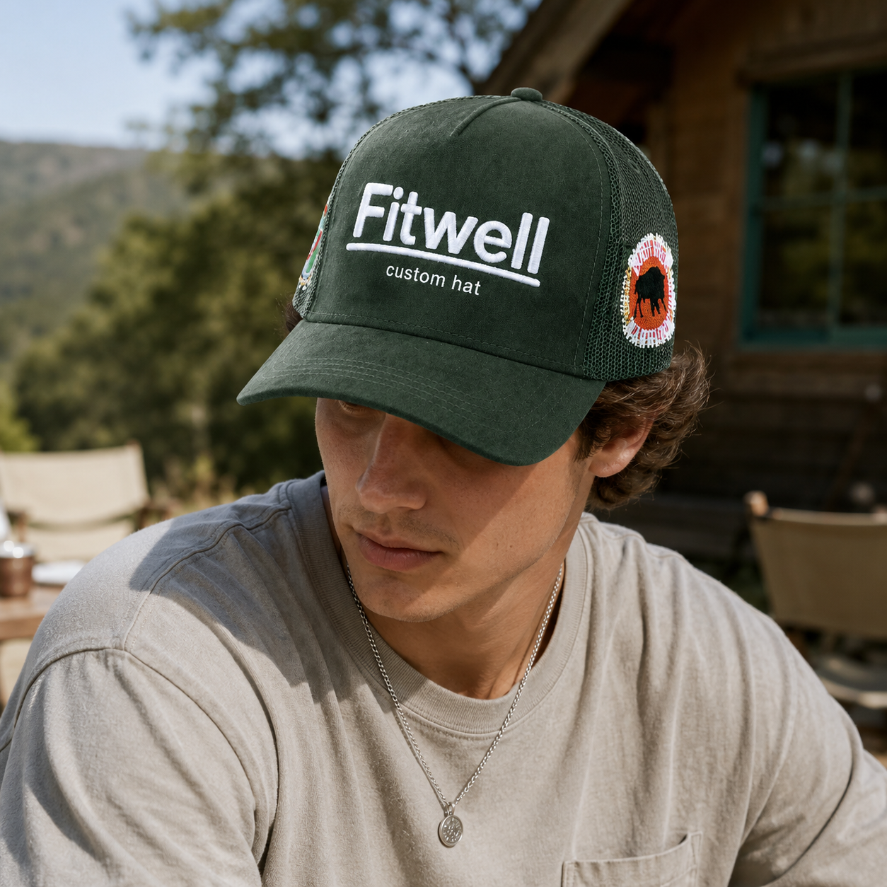 Dark Green Suede Mesh Trucker Cap with White Raised Embroidery