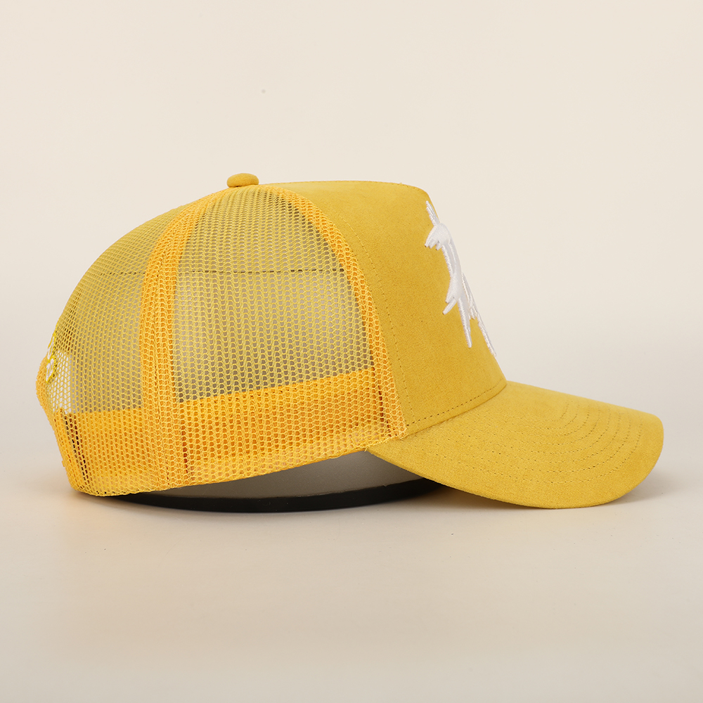 Three-Color Suede Mesh Trucker Cap with Bold White Embroidery