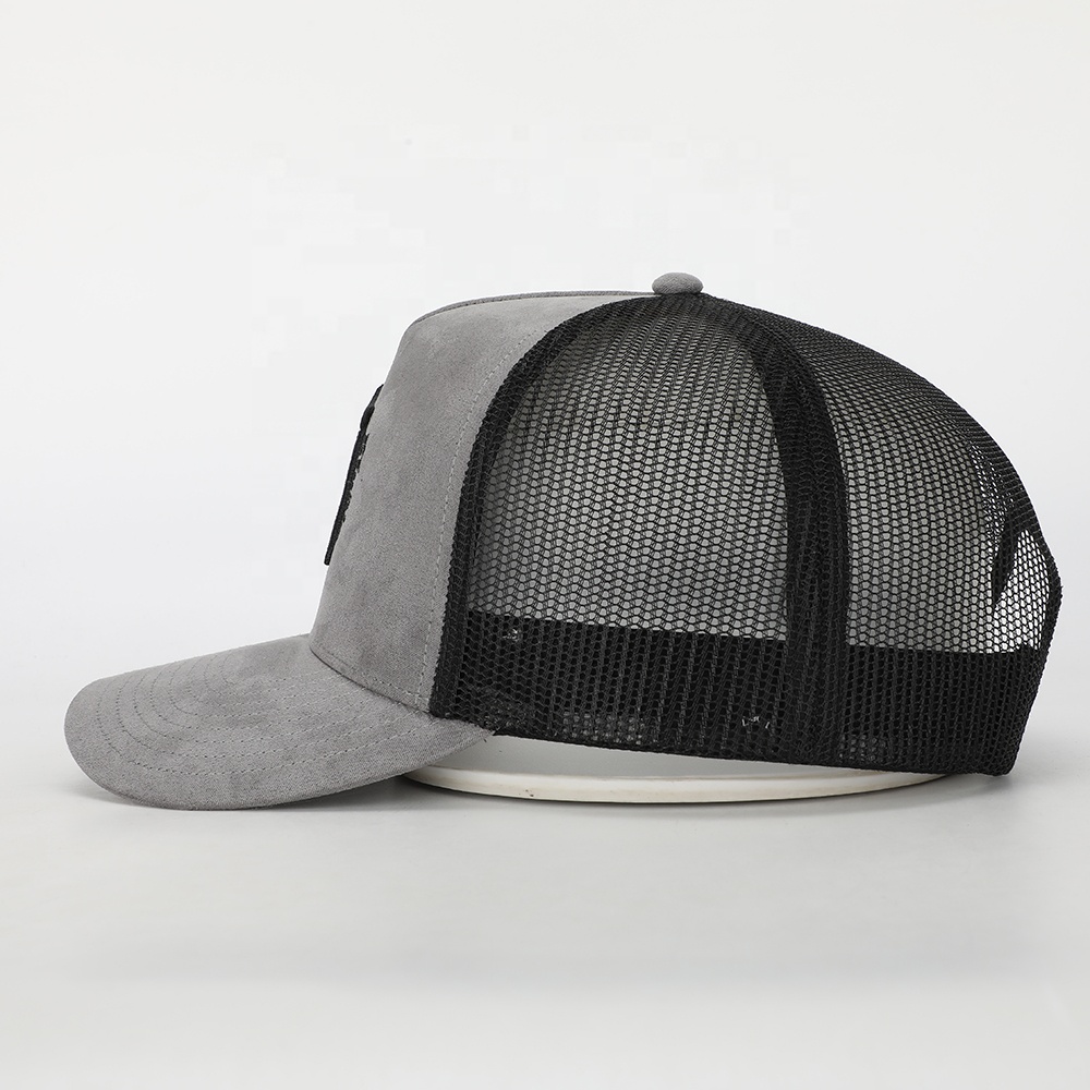 Gray Suede Mesh Trucker Cap with Black Gothic Letter Embroidery