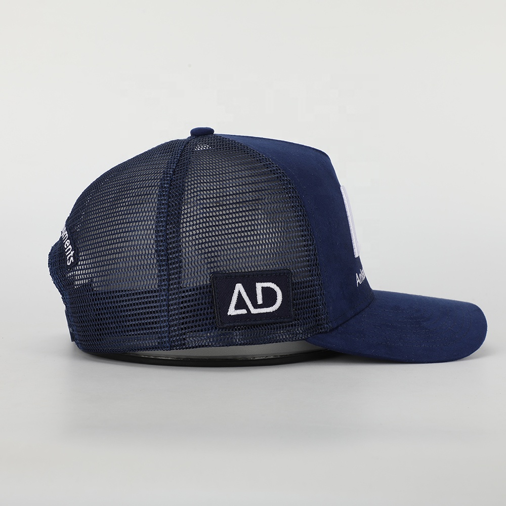 Navy Suede Mesh Embroidered Trucker Hat