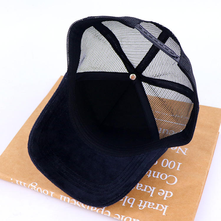 Navy Suede Mesh Trucker Cap with Orange Embroidered Graphic