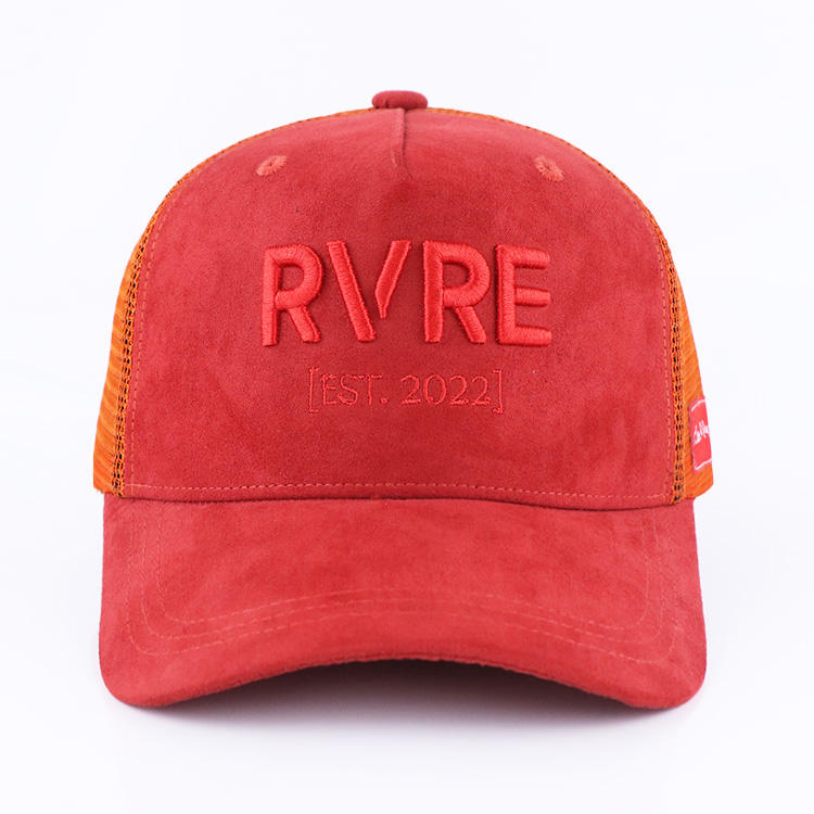 Red Orange RVRE Embroidered Suede Mesh Trucker Cap