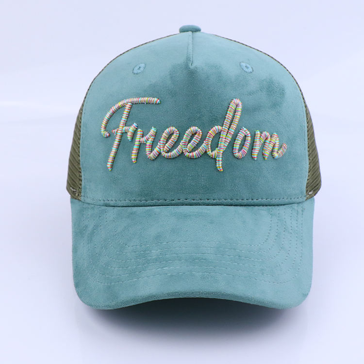 Mint Green Suede Style 5 Panel Trucker Hat with Script Embroidery Logo and Mesh Back Panels