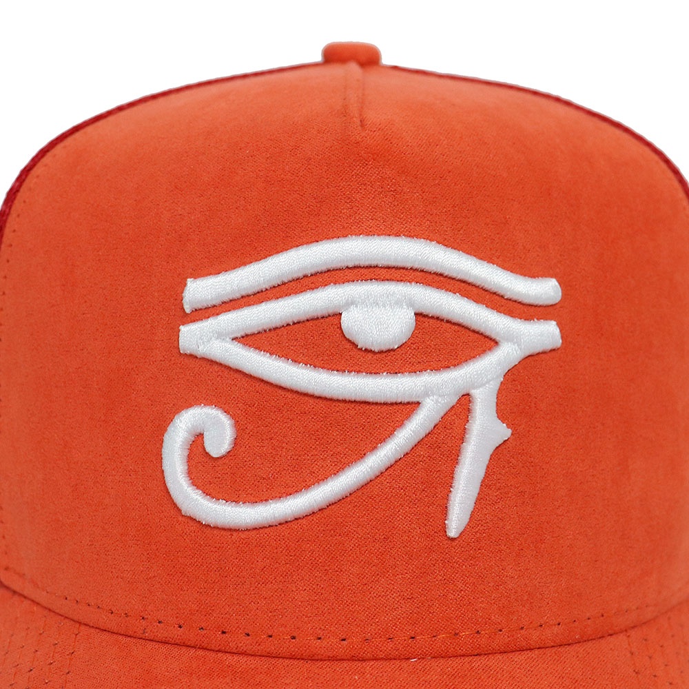 Orange Embroidered Eye Symbol Five Panel Suede Trucker Cap with Mesh Back