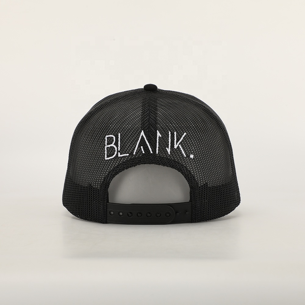 Black Suede Mesh Trucker Cap with White Letter Embroidery