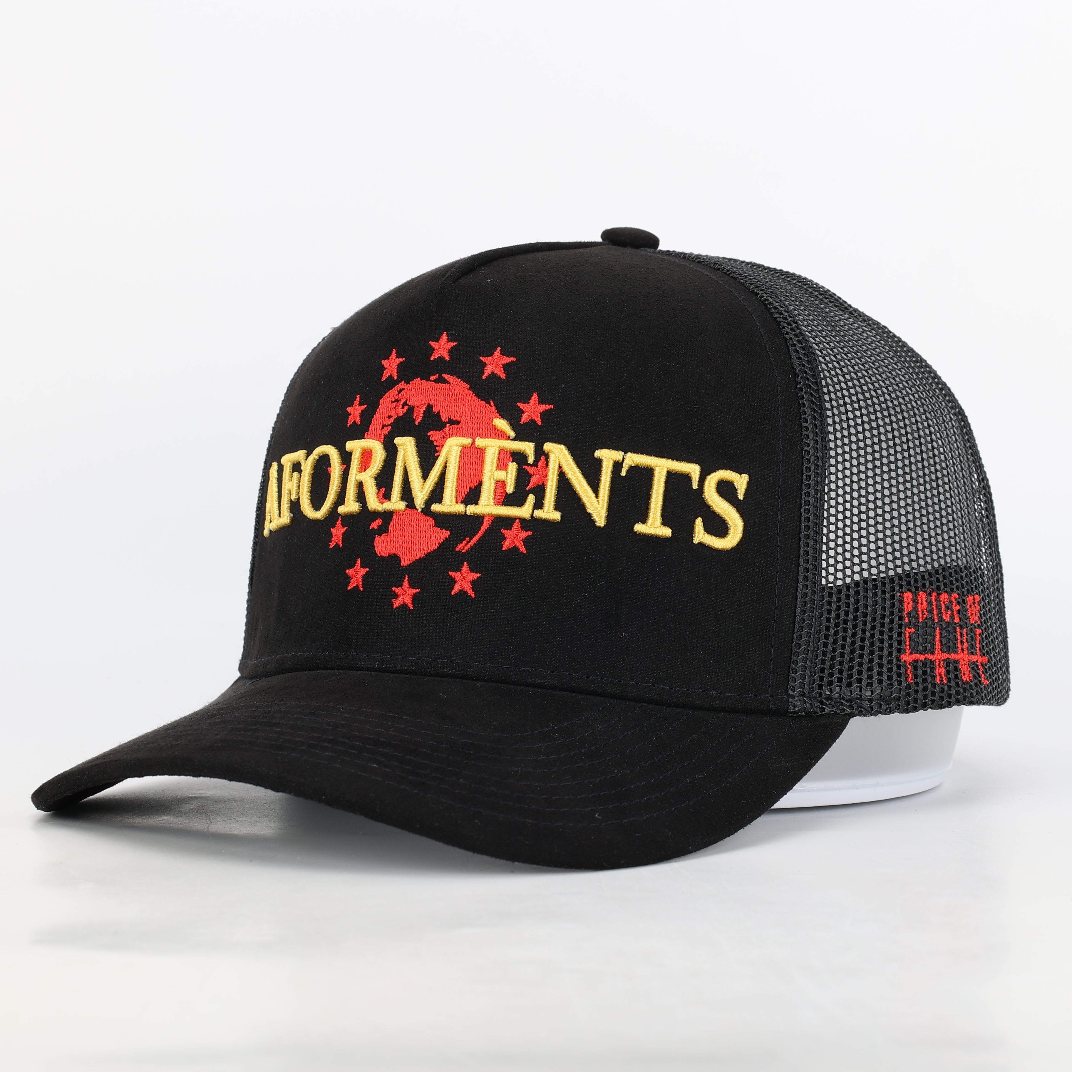 Black Suede Mesh Embroidered Trucker Hat