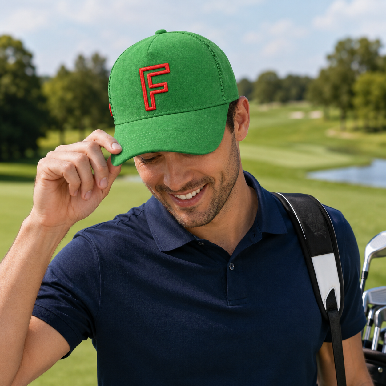 Green Suede 5 Panel Trucker Cap with Raised Red Embroidered Logo