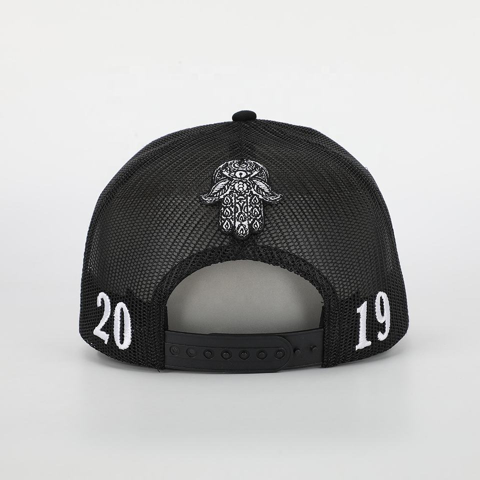 Black Mesh Trucker Cap with Orange Camera Logo Embroidery