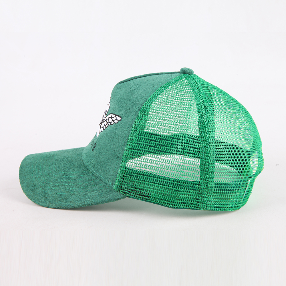 Emerald Green Suede Mesh Trucker Cap with Cherub Embroidery