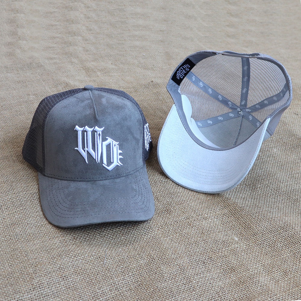 Two Tone Suede Trucker Hat with Embroidered Logo 5 Panel Mesh Back Baseball Cap