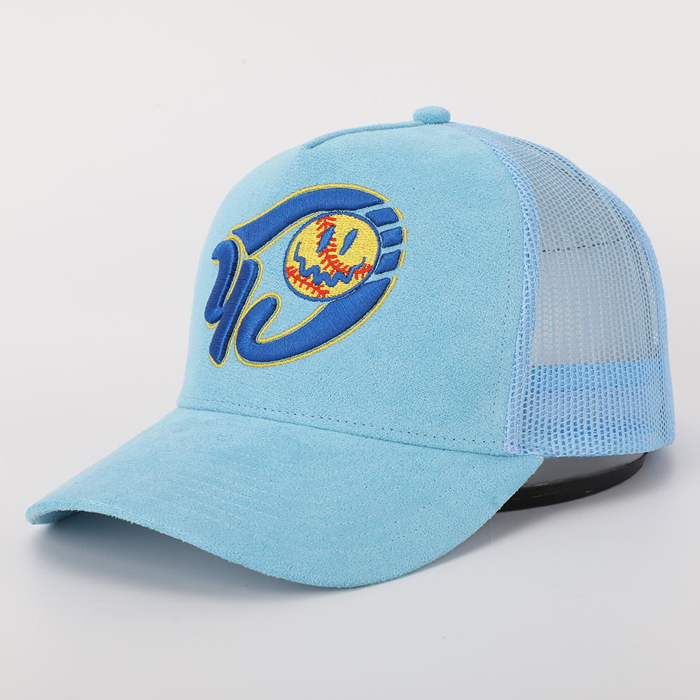 Light Blue Suede Mesh Trucker Cap with Baseball Graphic Embroidery