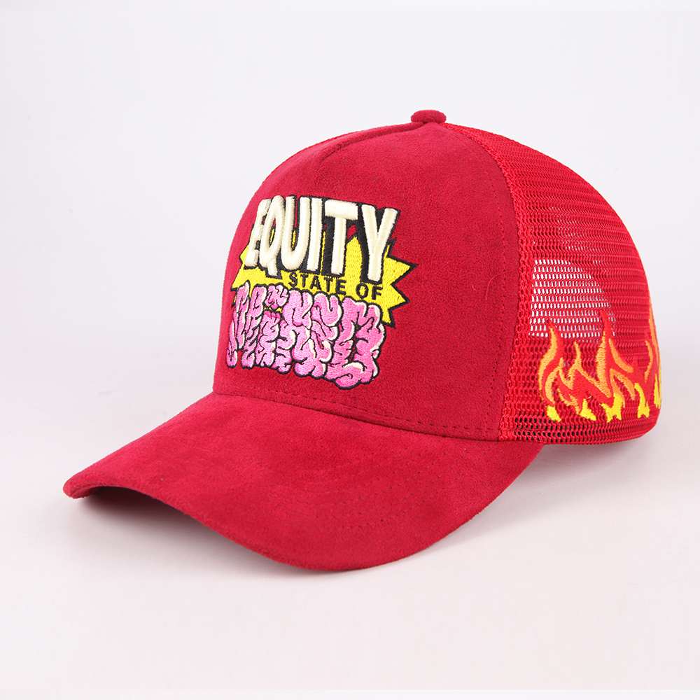 Red and Blue Suede-Style 5-Panel Mesh Trucker Caps with Raised Front Graphic Embroidery, Flame Side Detail and Curved Brim