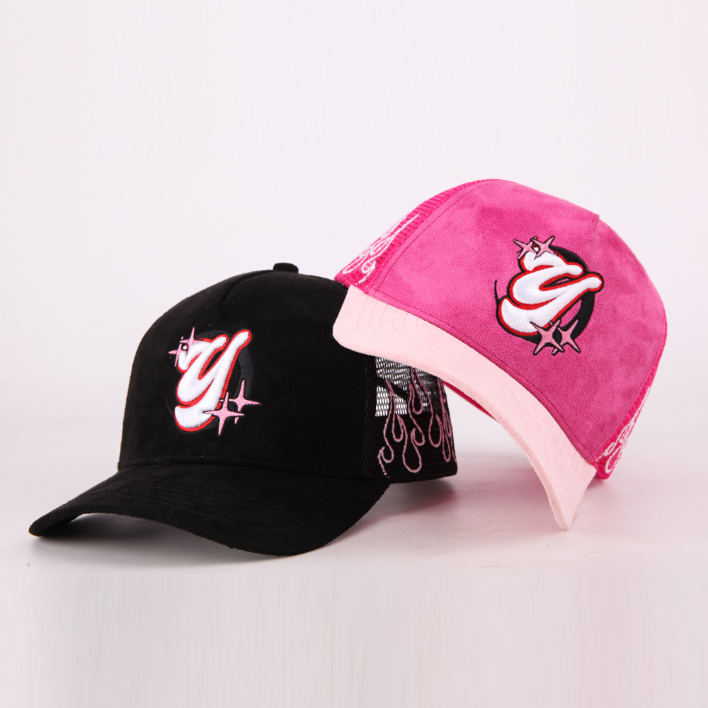 Vintage Suede Mesh Trucker Cap with Embroidered Graphic Logo and Adjustable Snapback