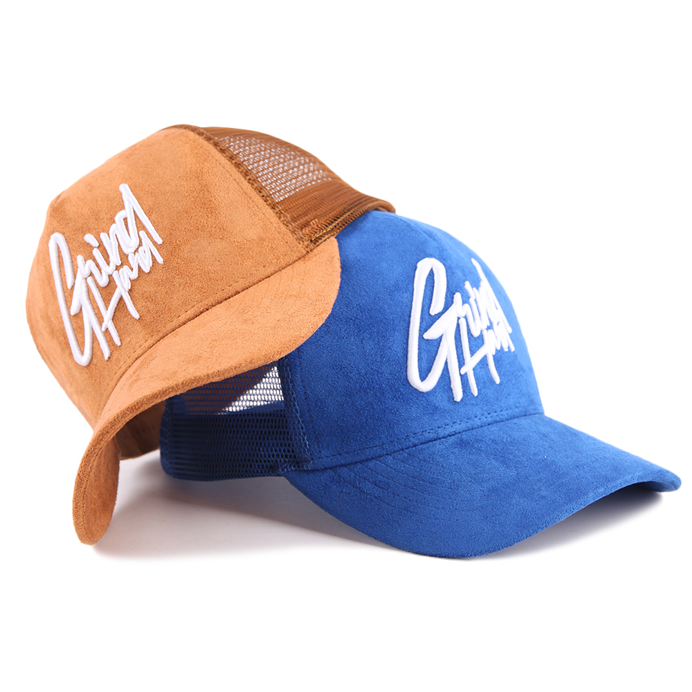 Premium Suede Trucker Cap with Embroidered Script Logo, Mesh Back Panels and Curved Brim – Unisex 5-Panel Casual Hat