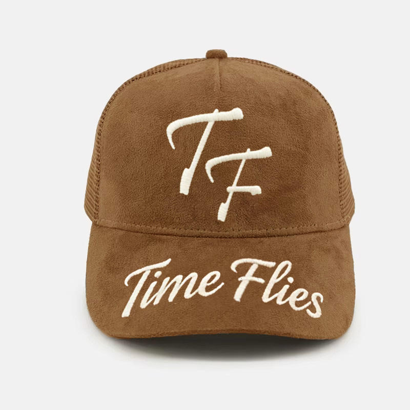 Brown Suede 5 Panel Trucker Cap with Time Flies Embroidery