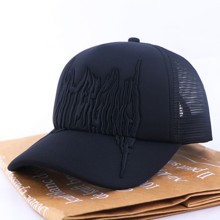 Midnight Black Tonal Gothic Flame Embroidered Mesh Trucker Cap
