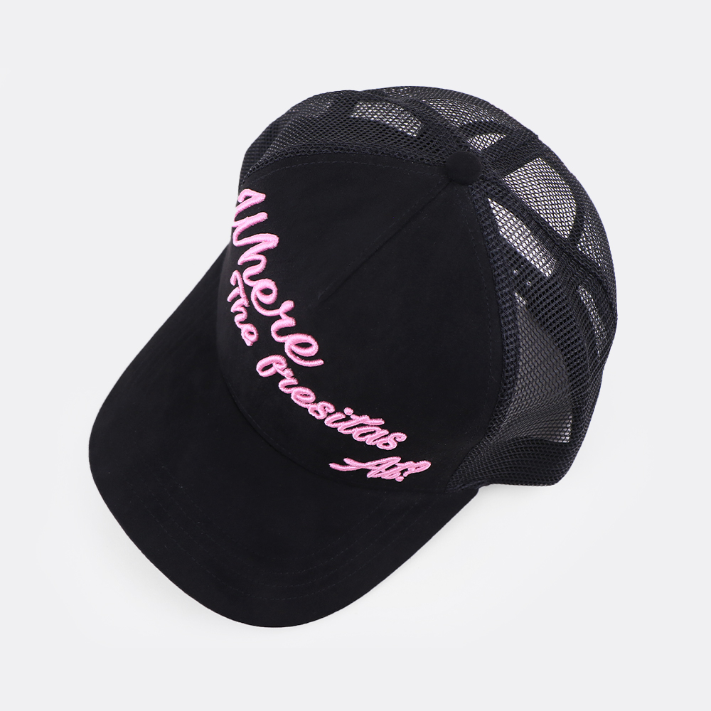 Black Suede Mesh Trucker Cap with Pink Script Embroidery