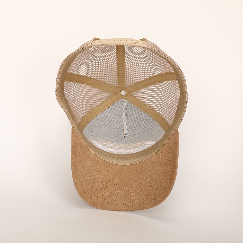 Vintage Khaki Suede Mesh Trucker Cap with White Embroidered Logo and Adjustable Snapback Closure