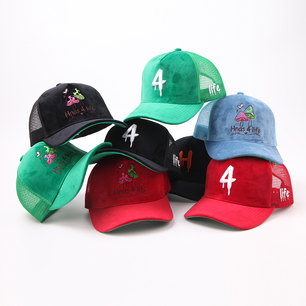 Colorful Suede Mesh Trucker Cap with Embroidered Logo and Adjustable Snapback