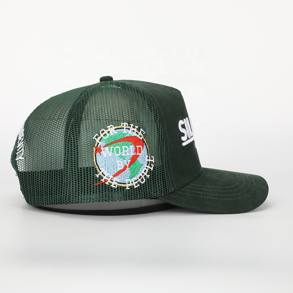 Dark Green Suede Mesh Trucker Cap with White Raised Embroidery