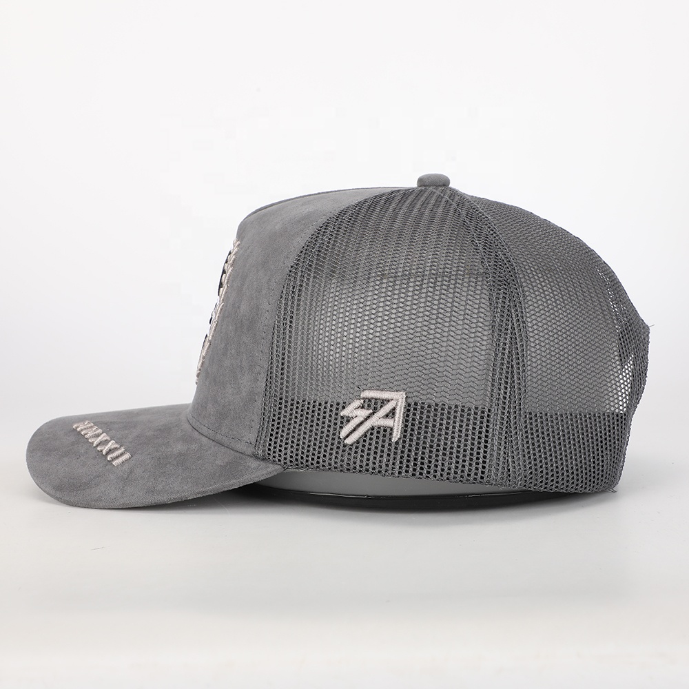 Grey Suede Mesh Trucker Cap with Cross Laurel Embroidery – Vintage Street Hat